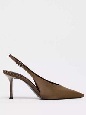 Zara Brown Satin Finish Pointed Slingback Heels like YSL